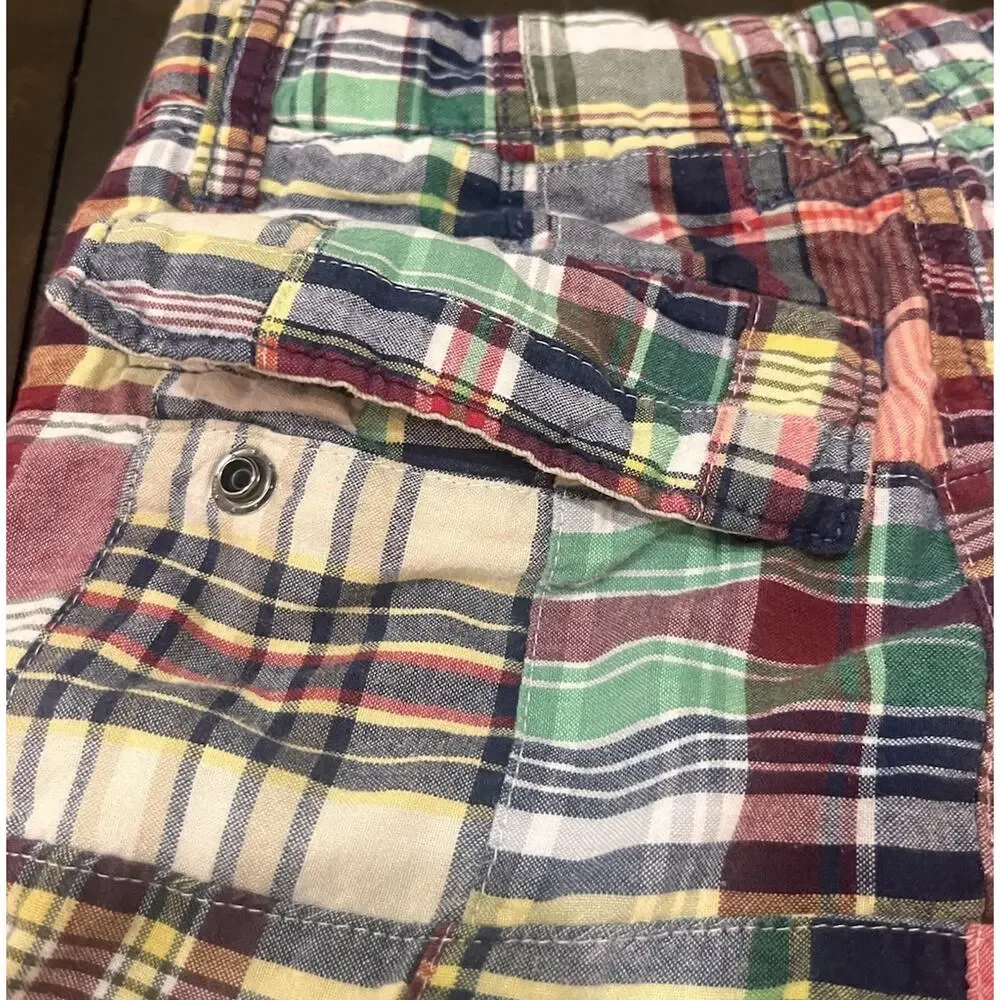 Gap Kids Madras Plaid Cargo Shorts Blue Yellow Green Flat Front Preppy Size 12